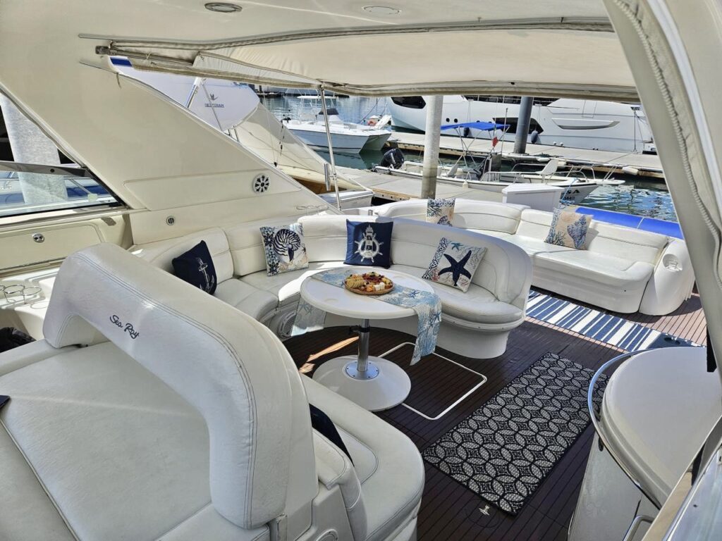 Luxury yacht 69 ft cockpit seating at the marina